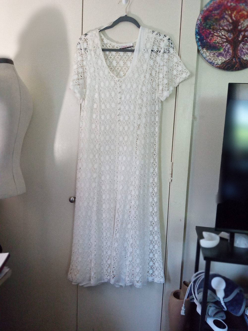 Diana Marco White Crochet Knit Maxi Dress Layering Piece 100% Cotton Size 16 USA